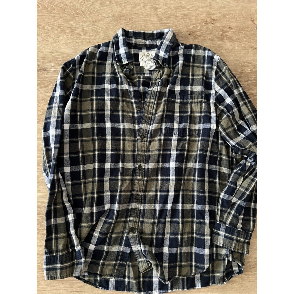 St Johns Bay Men’s Sz XL Green Blue Plaid Cotton Flannel